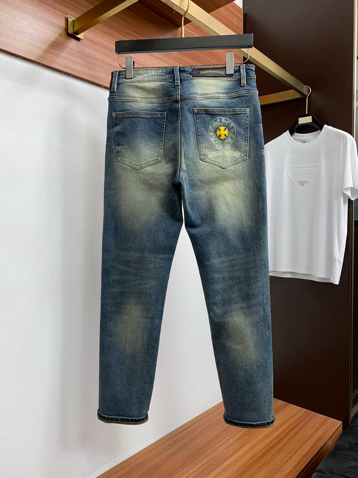 Back Pocket Cross Embroidered Vintage Faded Denim Jeans R260535