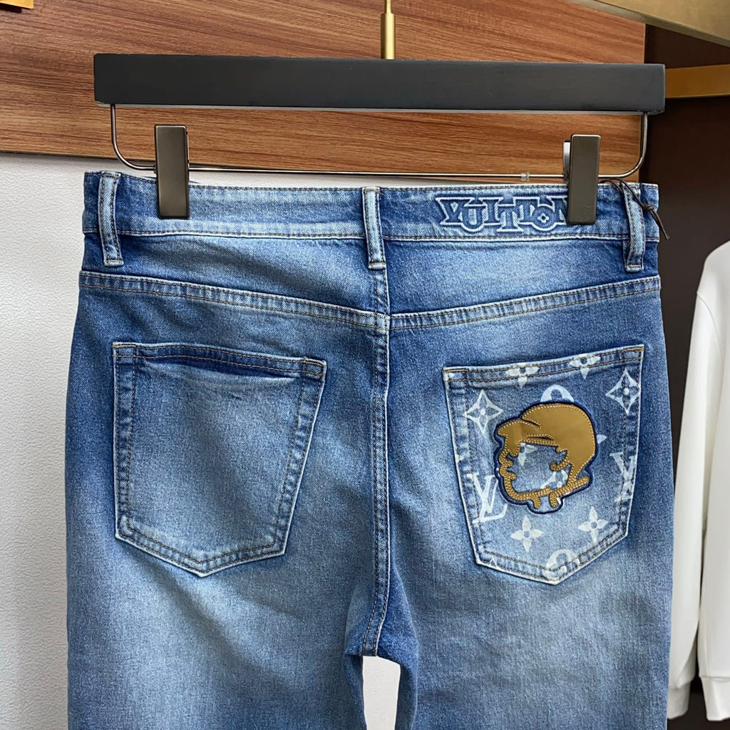 Cartoon Applique Monogram Pocket Slim Fit Denim E260937