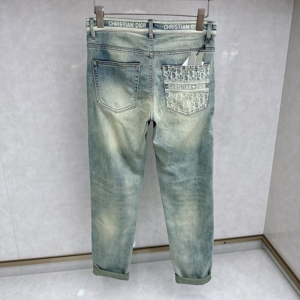 Light Faded Vintage Wash Denim Pants With Printed Waistband Detail L260621