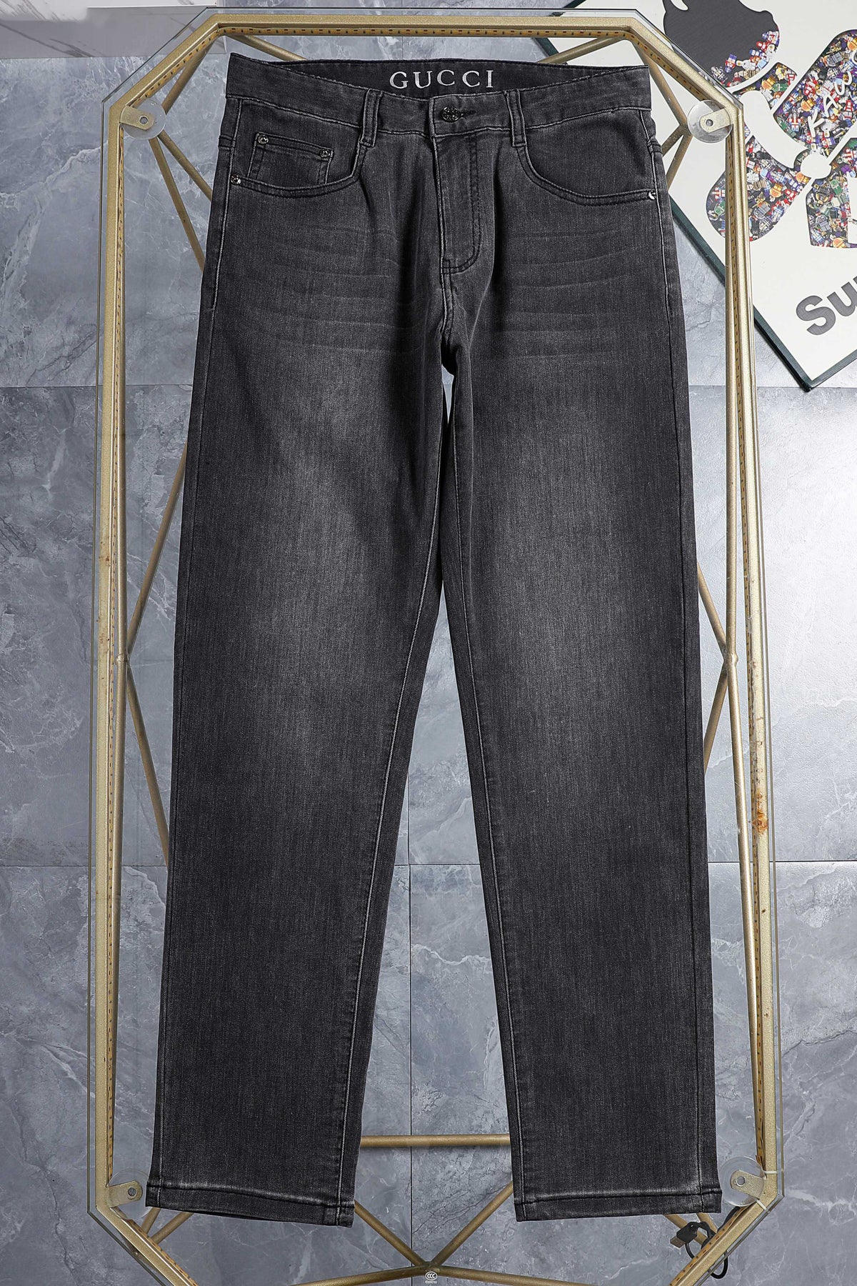 Dark Grey Wash Monogram Embroidery Slim Denim Jeans M260747