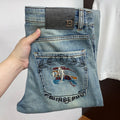 Light Faded Wash Mens Knight Motif Embroidered Pocket Denim Trousers R260525