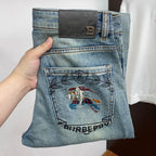Light Faded Wash Mens Knight Motif Embroidered Pocket Denim Trousers R260525