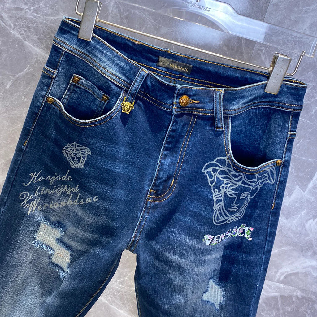 Deep Blue Distressed Mens Printed Ripped Denim Trousers R260528