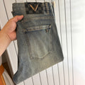 Light Faded Grey-Blue Metal V Emblem Slim Jeans C261041
