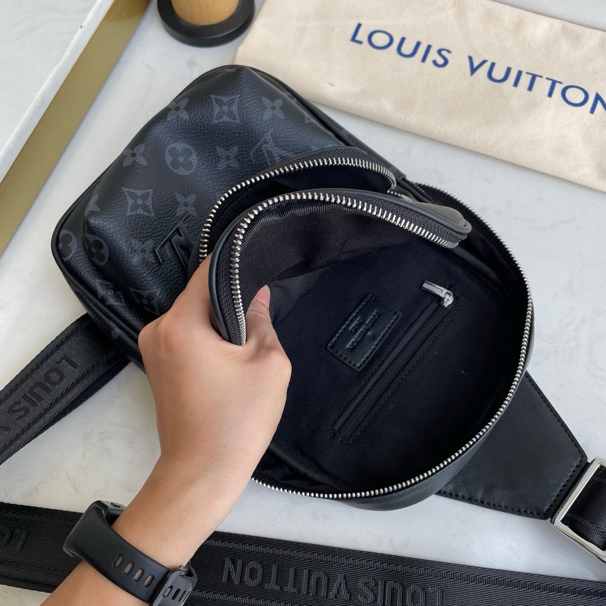 Printed Fabric Metal Logo Vertical Chest Sling Bag B101009
