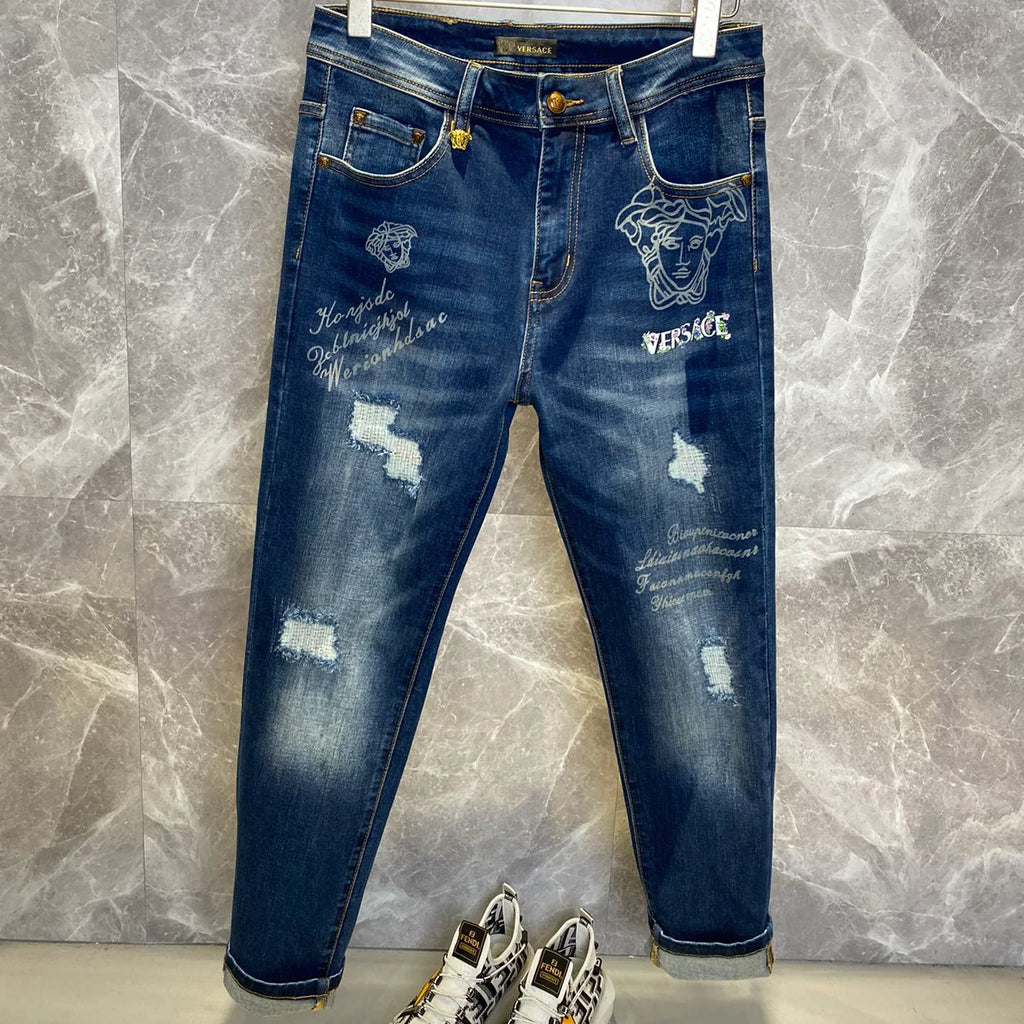 Deep Blue Distressed Mens Printed Ripped Denim Trousers R260528