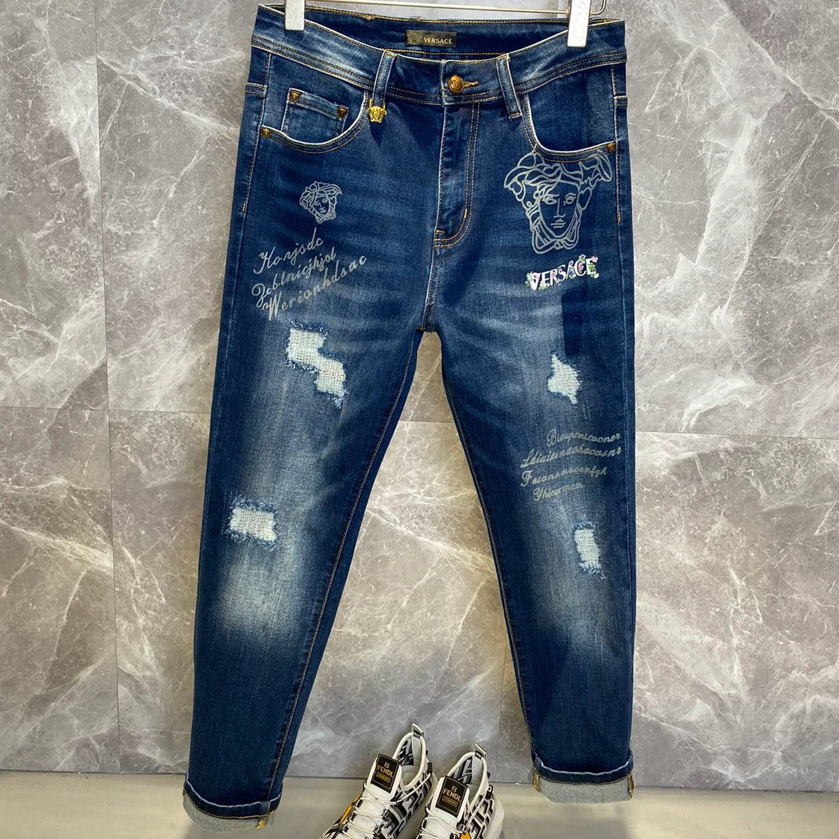 Deep Blue Distressed Mens Printed Ripped Denim Trousers R260528