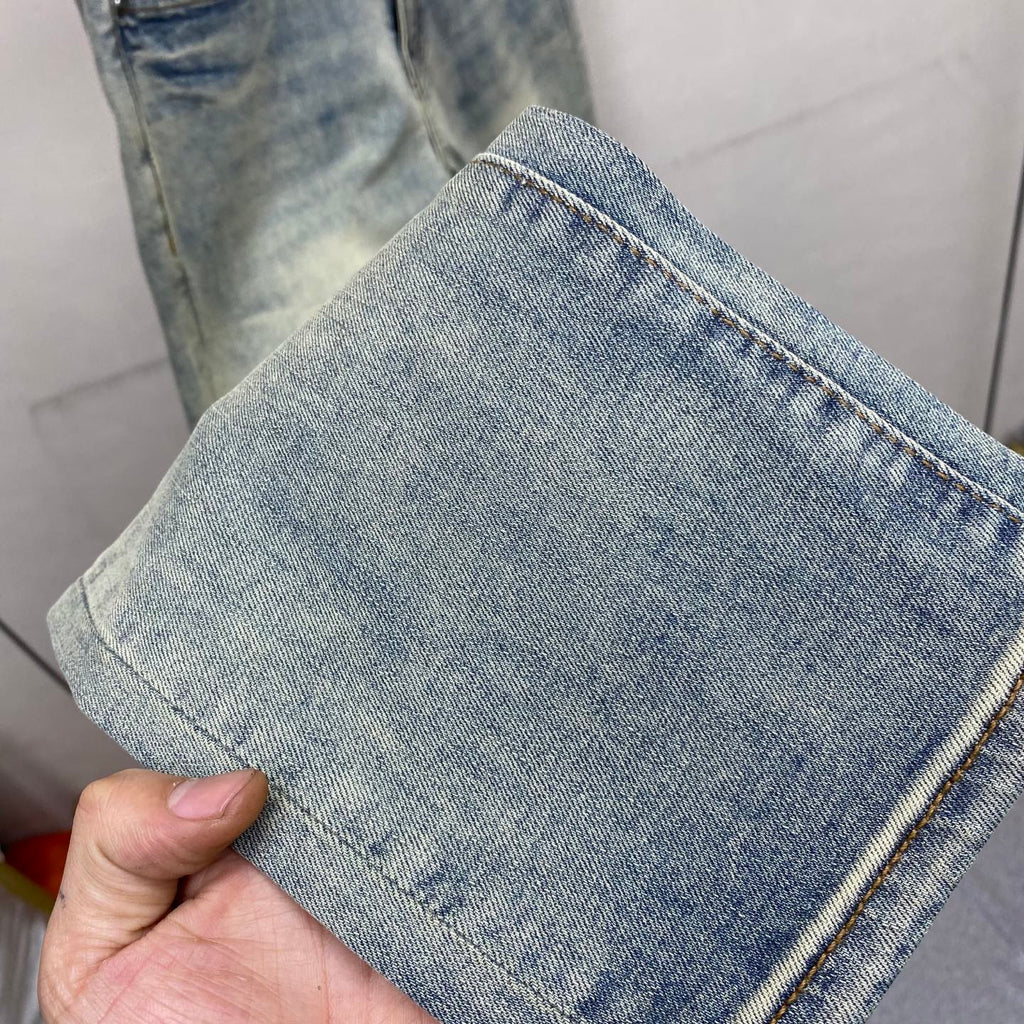Faded Light Vintage Plaid Knight Print Slim Denim Jeans M260733