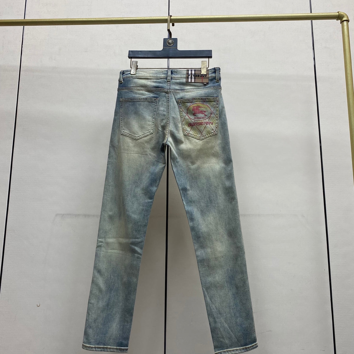 Faded Light Vintage Plaid Knight Print Slim Denim Jeans M260733