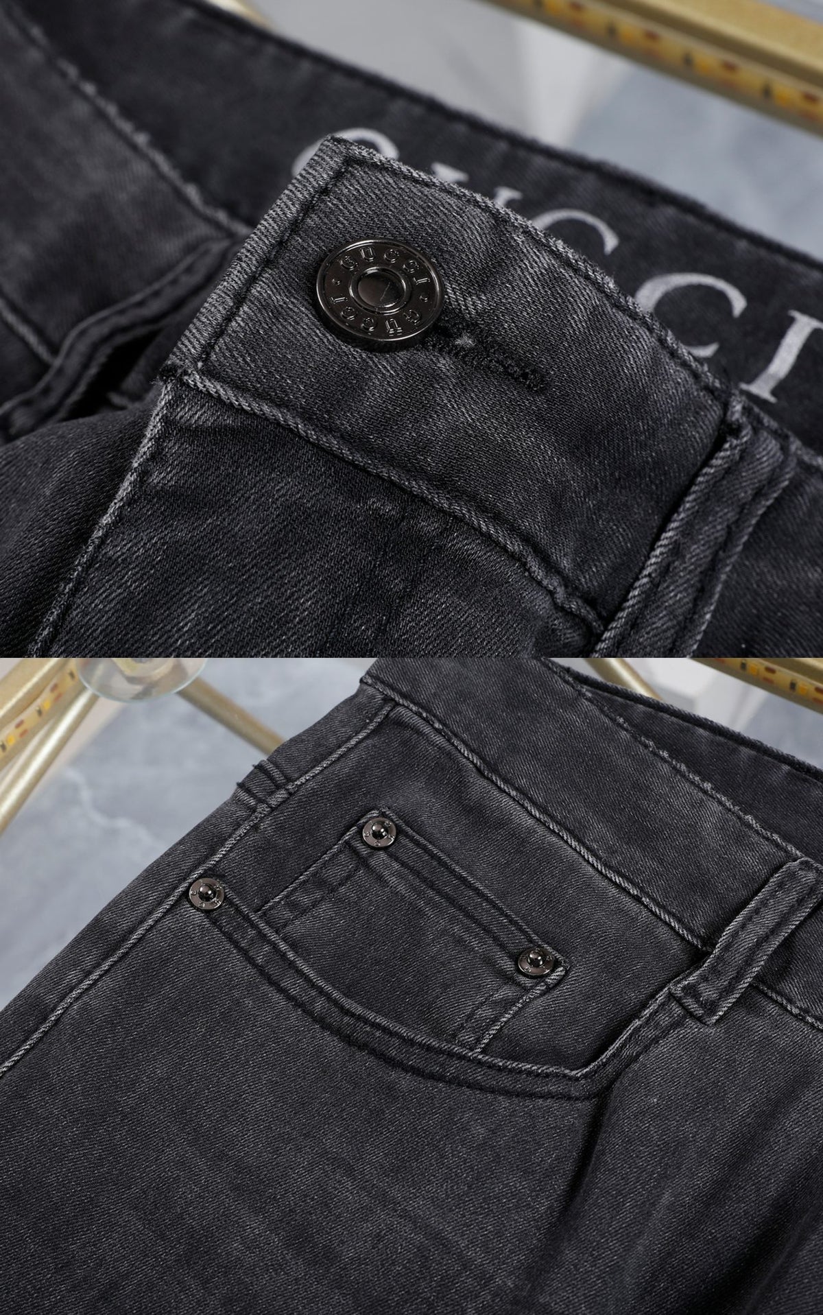 Dark Grey Wash Monogram Embroidery Slim Denim Jeans M260747