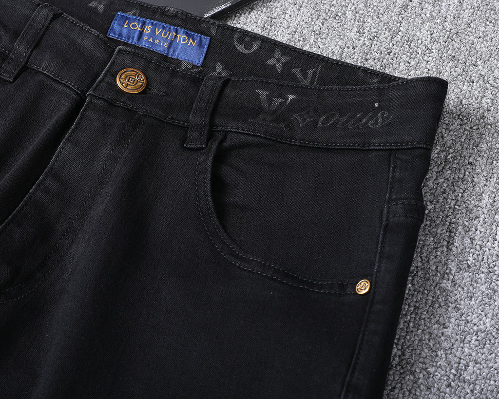 Solid Black Wash Embossed Monogram Jeans V260815