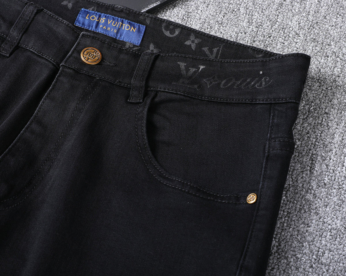 Solid Black Wash Embossed Monogram Jeans V260815