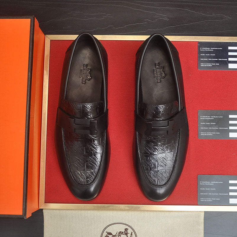 Men's H Buckle Croc Embossed Panel Loafers M10342250