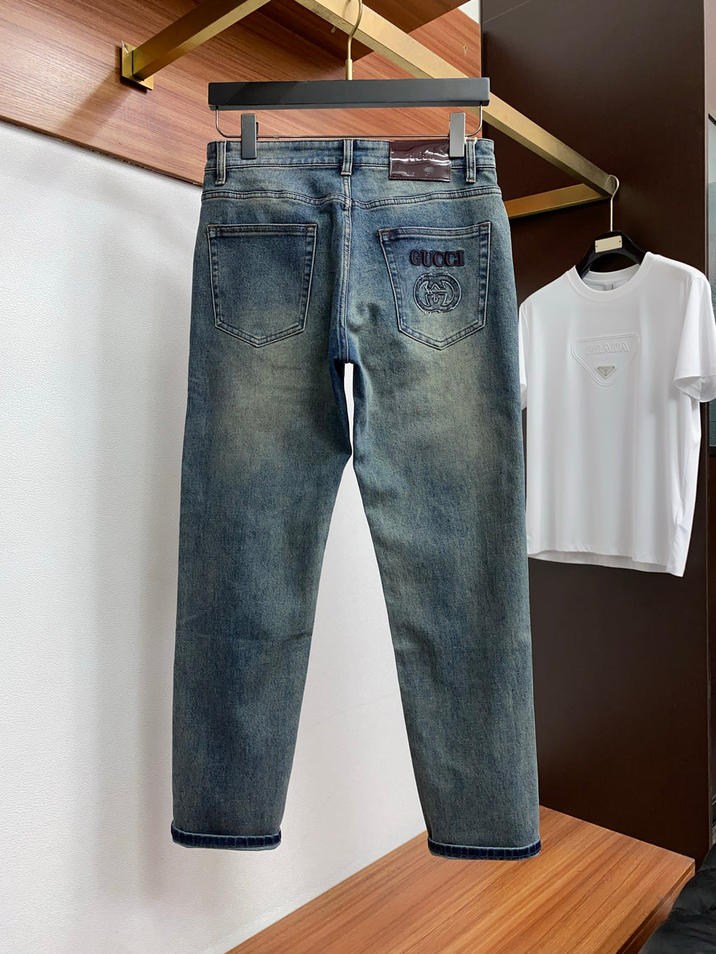 Vintage Faded Wash Mens Circular Motif Embroidered Pocket Denim Trousers R260529