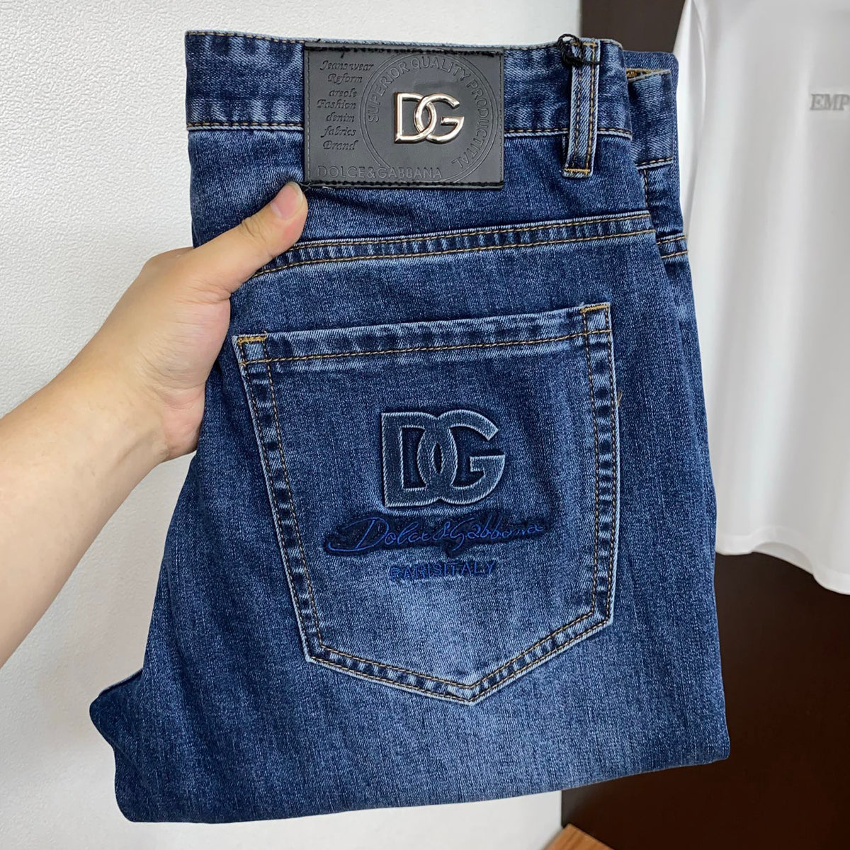Medium Blue Wash Embroidery Letter Pocket Denim Jeans L260628