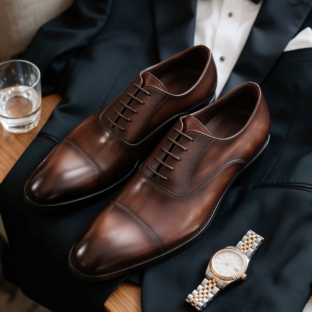 Cap Toe Spliced Texture Oxford Shoes Lace-Up Formal Dress Shoes Y101115