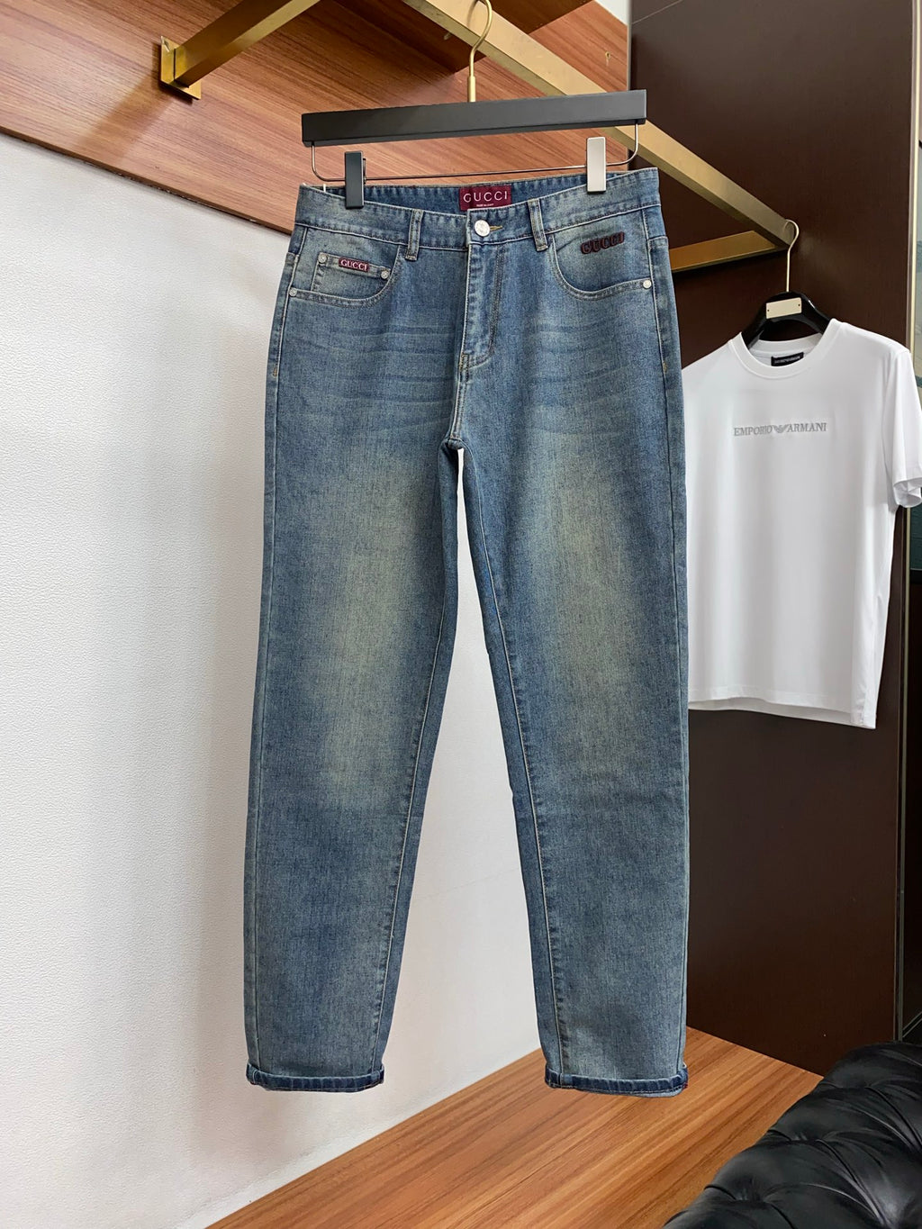 Mid Blue Faded Wash Embossed Pattern Denim Jeans L260611