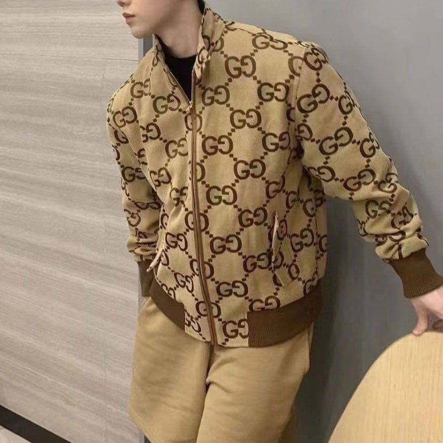 Full Monogram Stand Collar Zip Jacket Retro Pattern Bomber Coat N050501