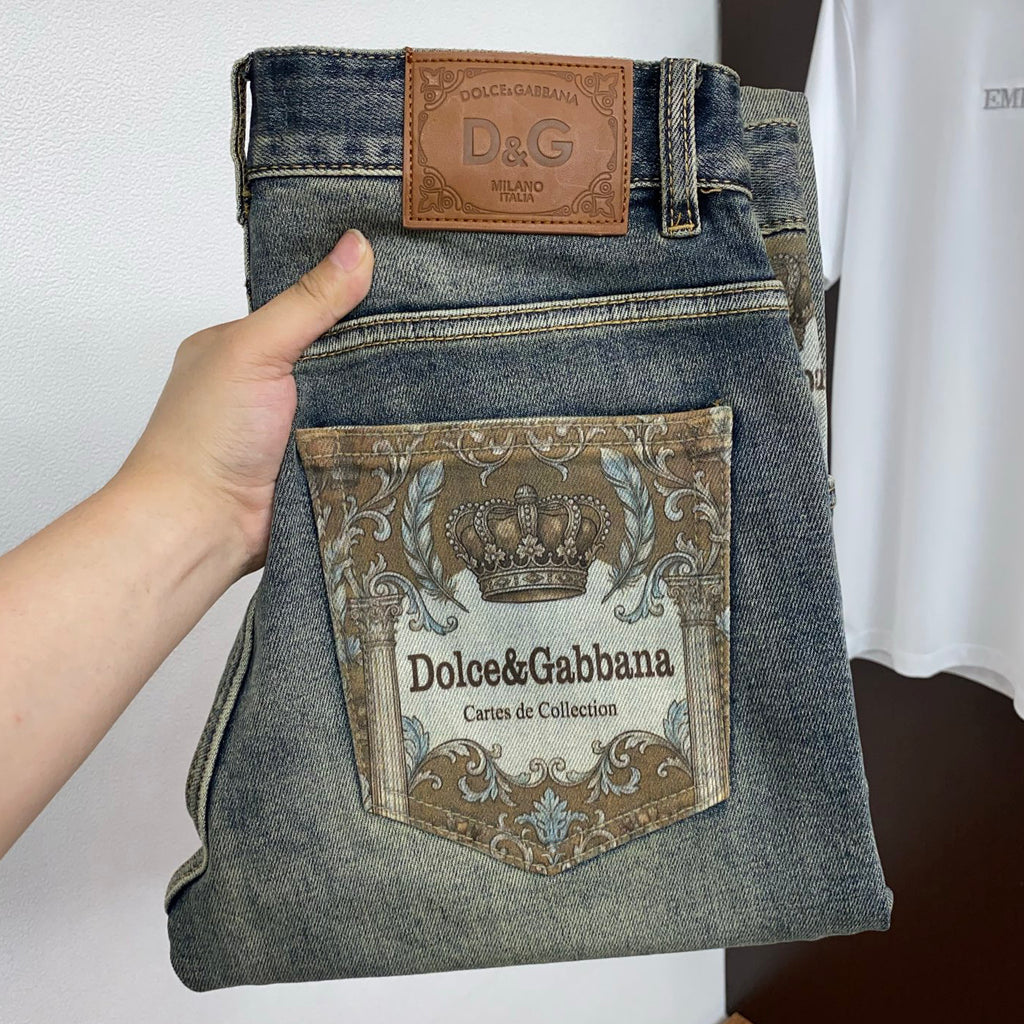 Vintage Dark Faded Crown Art Print Pocket Denim Jeans L260638