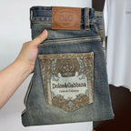Vintage Dark Faded Crown Art Print Pocket Denim Jeans L260638