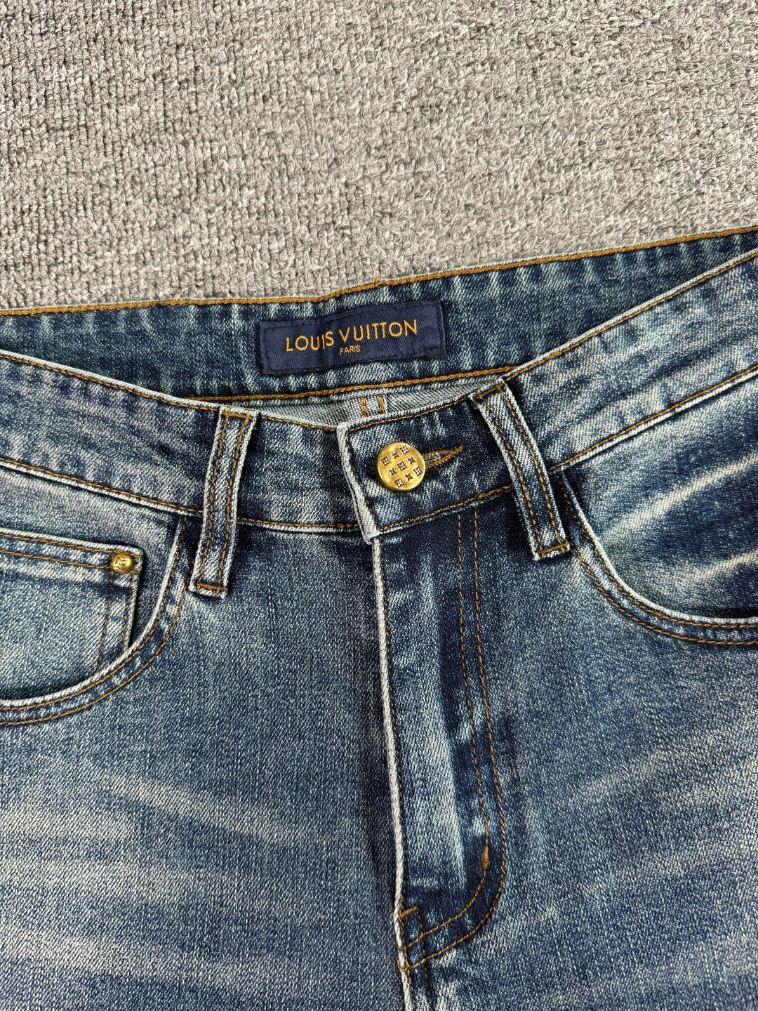 Stitched Monogram & Letter Print Pocket Slim Fit Denim M260701