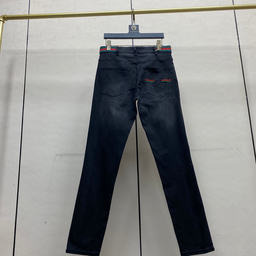 Black Faded Web Stripe Waist Embroidery Jeans V260805