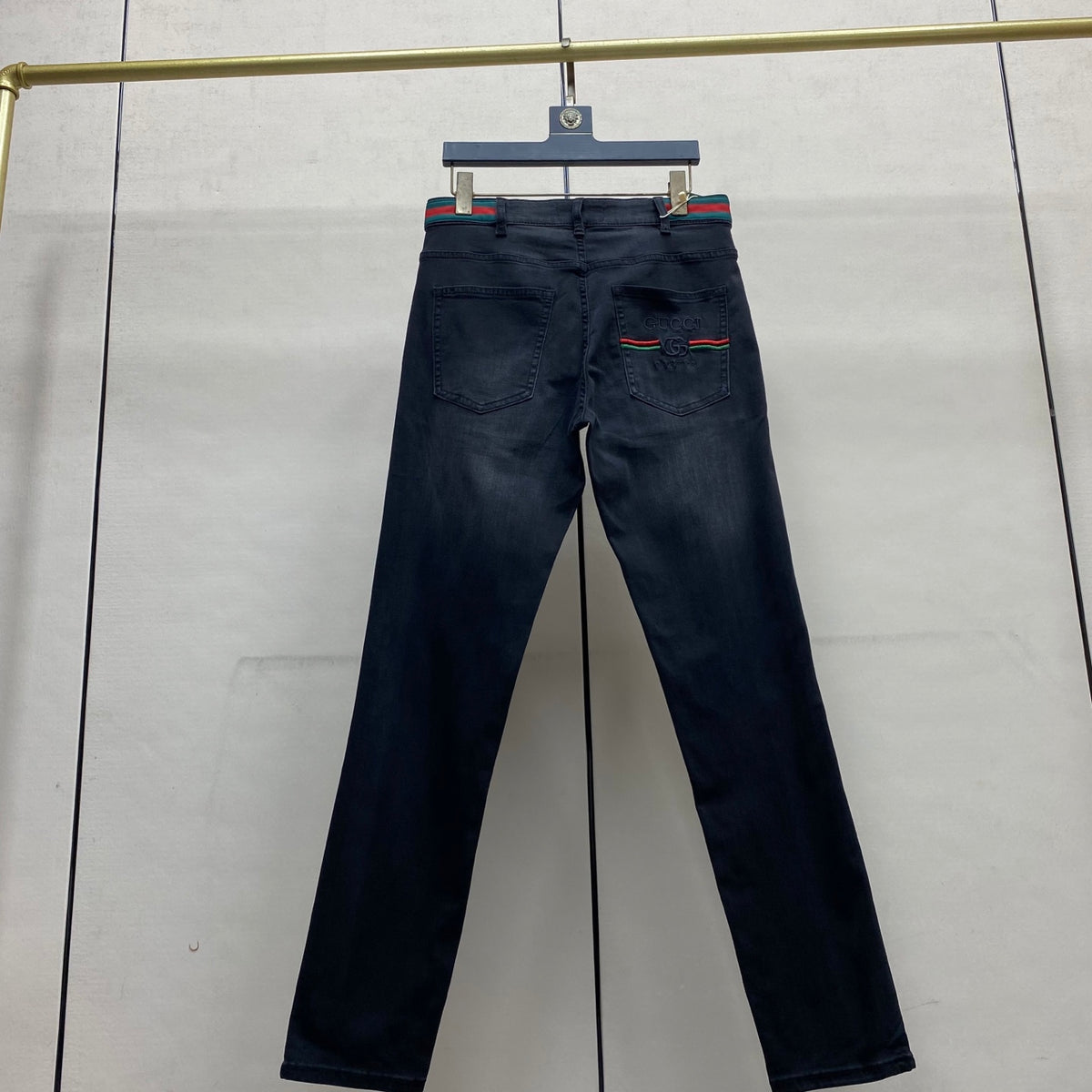 Black Faded Web Stripe Waist Embroidery Jeans V260805
