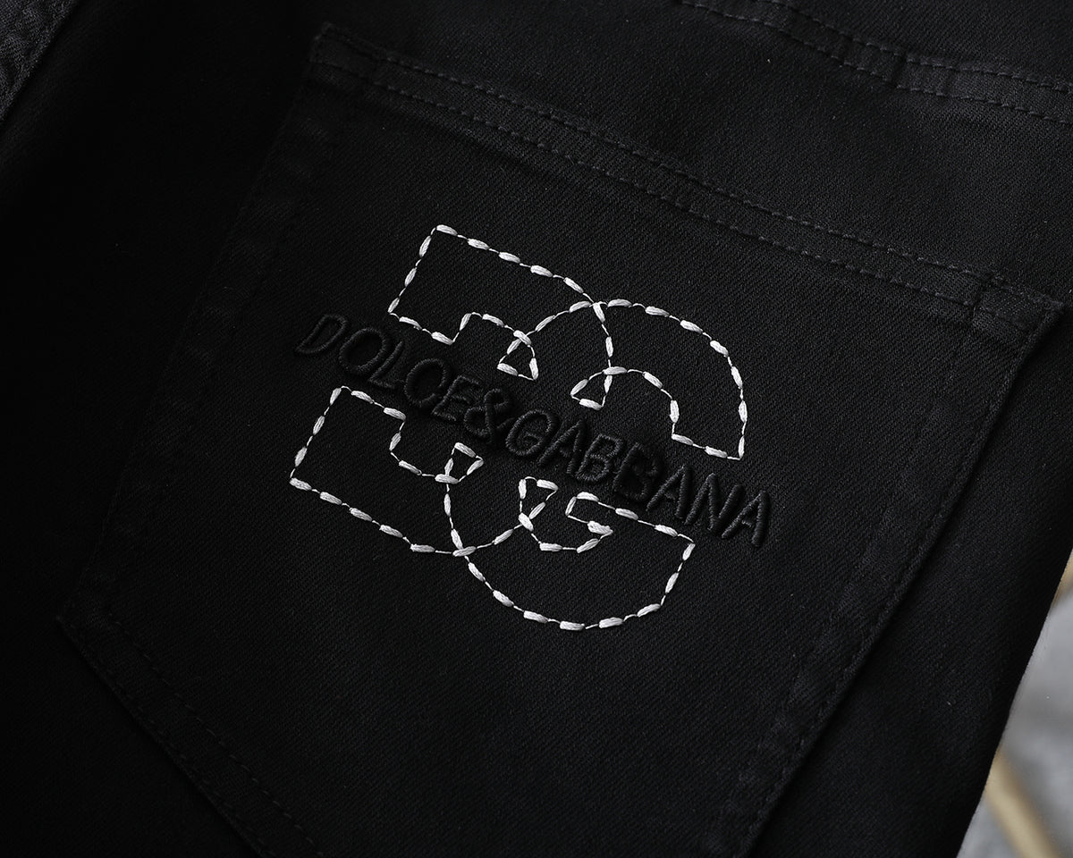 Solid Black Stitched Outline Monogram Slim Denim M260710