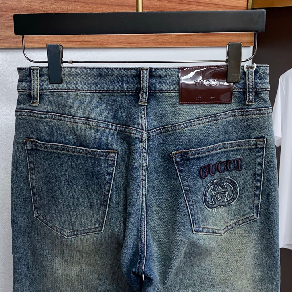 Vintage Faded Wash Mens Circular Motif Embroidered Pocket Denim Trousers R260529