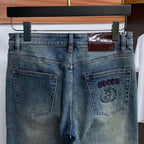 Vintage Faded Wash Mens Circular Motif Embroidered Pocket Denim Trousers R260529