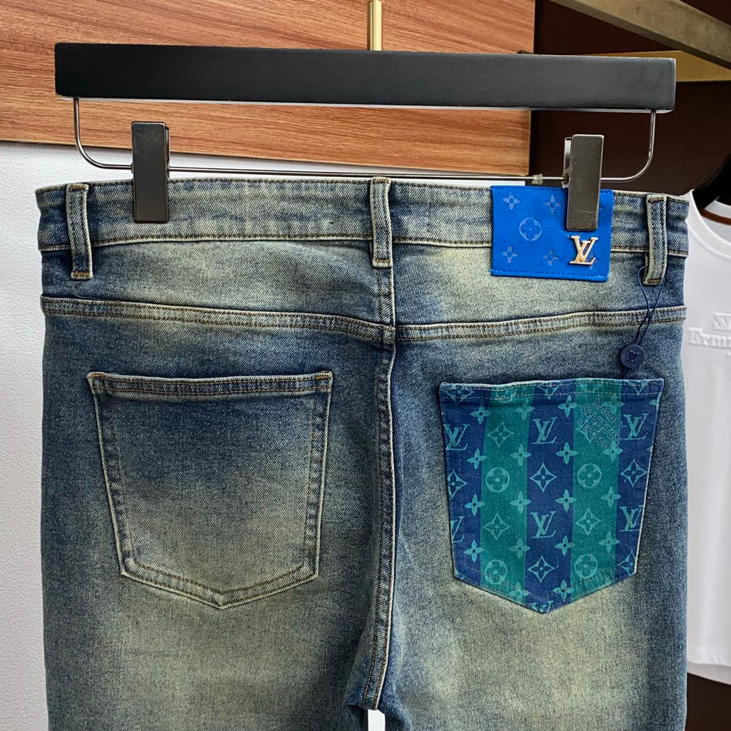 Yellow Tone Retro Denim Jeans With Blue Leather Waist Patch R260537