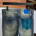 Yellow Tone Retro Denim Jeans With Blue Leather Waist Patch R260537