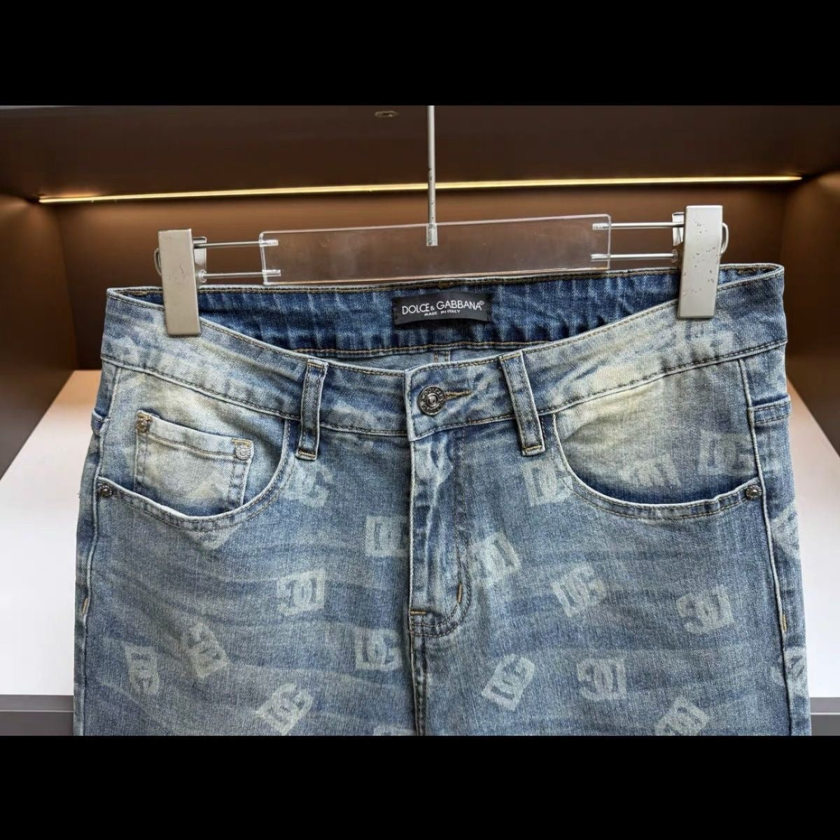 Light Vintage Faded Wash Allover Monogram Print Slim Jeans C261031
