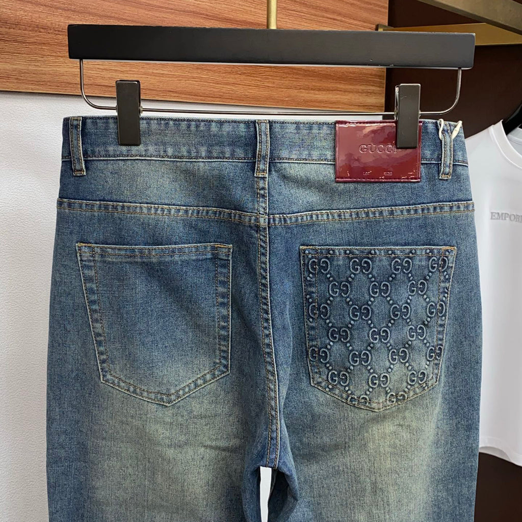 Mid Blue Faded Wash Embossed Pattern Denim Jeans L260611