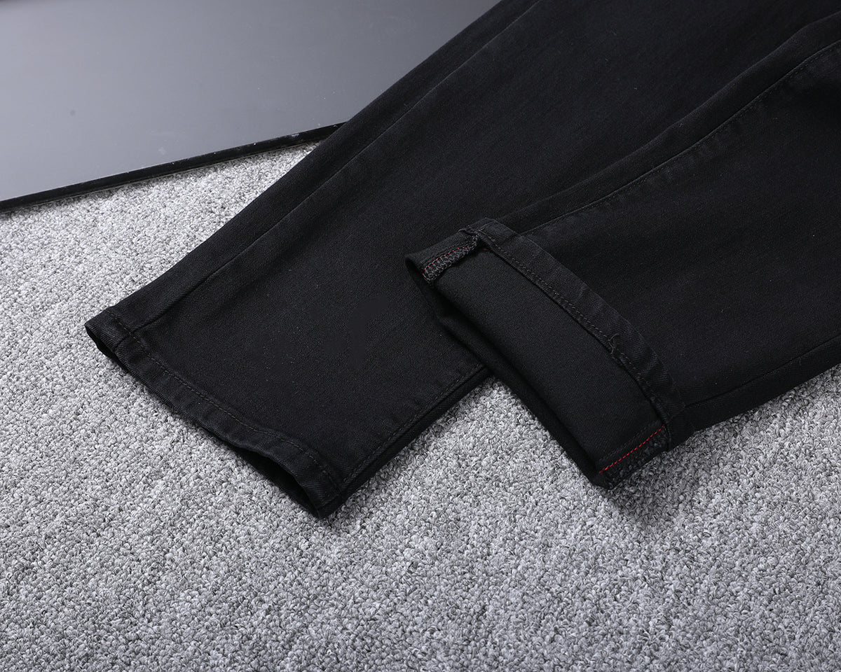 Solid Black Wash Metal Logo Plate Jeans V260814