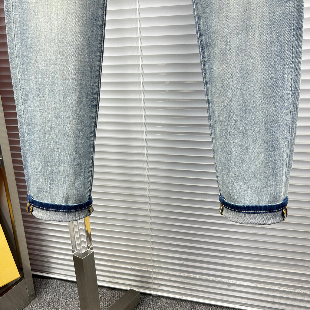 Light Blue Faded Wash Mens Embroidered Pocket Denim Trousers R260516