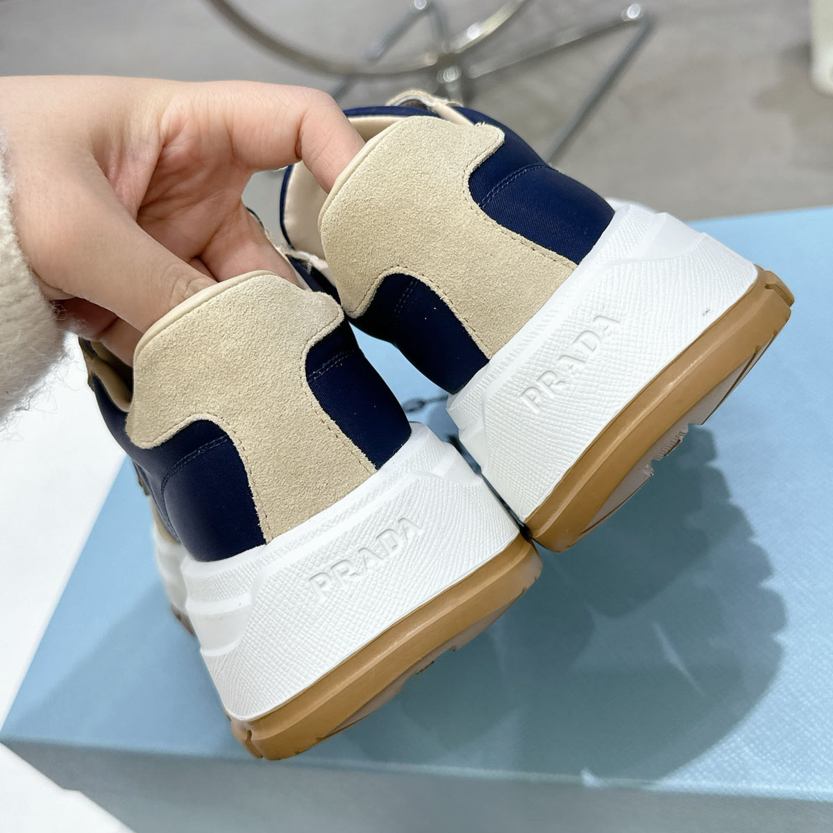 Suede Fabric Patchwork Triangle Logo Chunky Sole Sneakers S283410