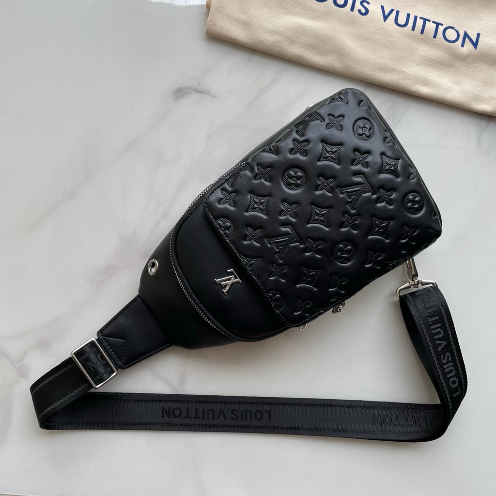 Embossed Pattern Metal Logo Vertical Chest Sling Bag B101010
