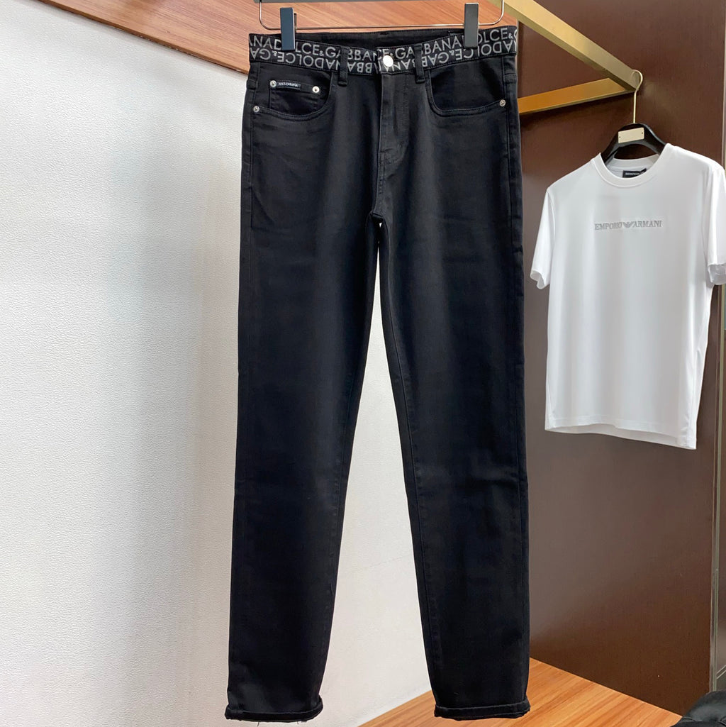Solid Black Jacquard Waistband Minimal Denim Jeans L260642