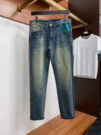 Yellow Tone Retro Denim Jeans With Blue Leather Waist Patch R260537