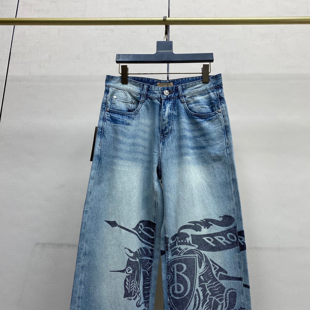 Light Blue Vintage Knight Print Wide Leg Denim Jeans M260732