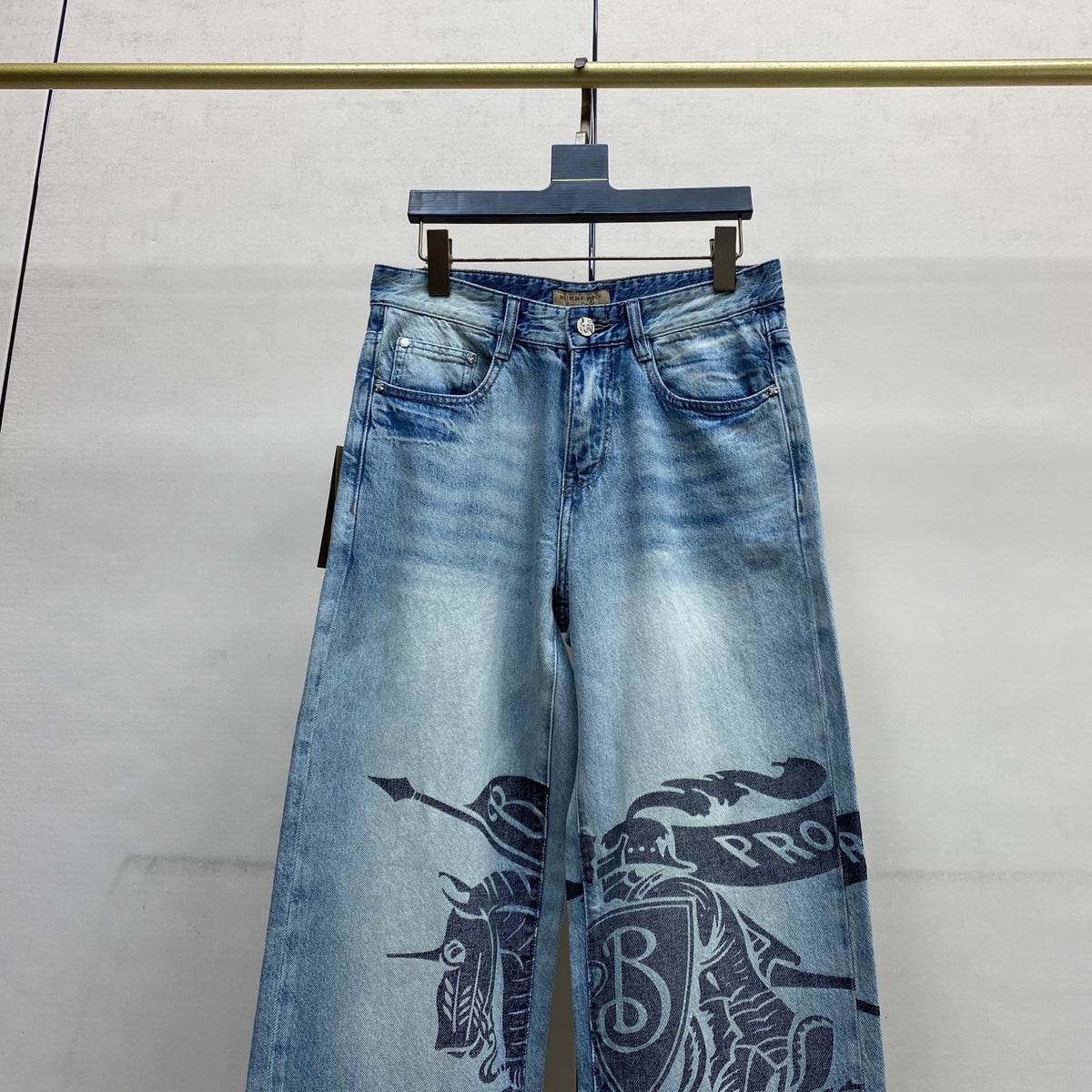 Light Blue Vintage Knight Print Wide Leg Denim Jeans M260732
