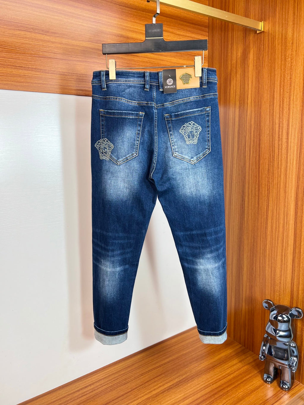 Retro Dark Blue Denim Pants With Portrait Embroidery On Rear Pocket R260527