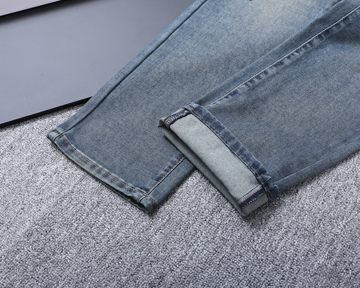 Letter Crest Embroidery Pocket Slim Fit Denim V260838