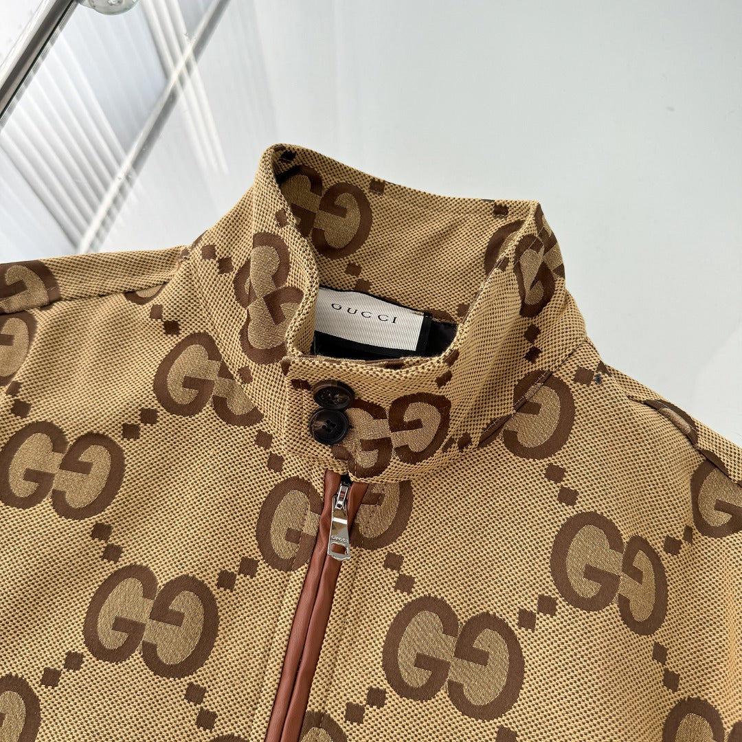 Full Monogram Stand Collar Zip Jacket Retro Pattern Bomber Coat N050501