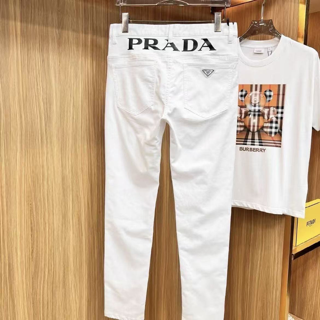 White Waistband Logo Print Triangle Logo Slim Jeans C261007