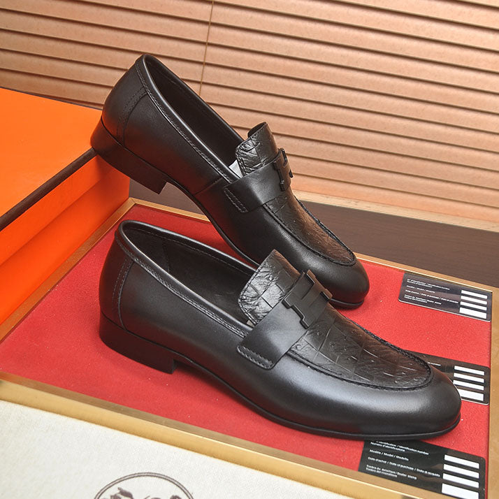 Men's H Buckle Croc Embossed Panel Loafers M10342250