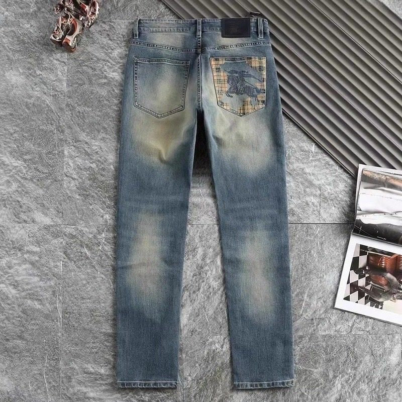 Vintage Wash Plaid Knight Print Slim Jeans C261012