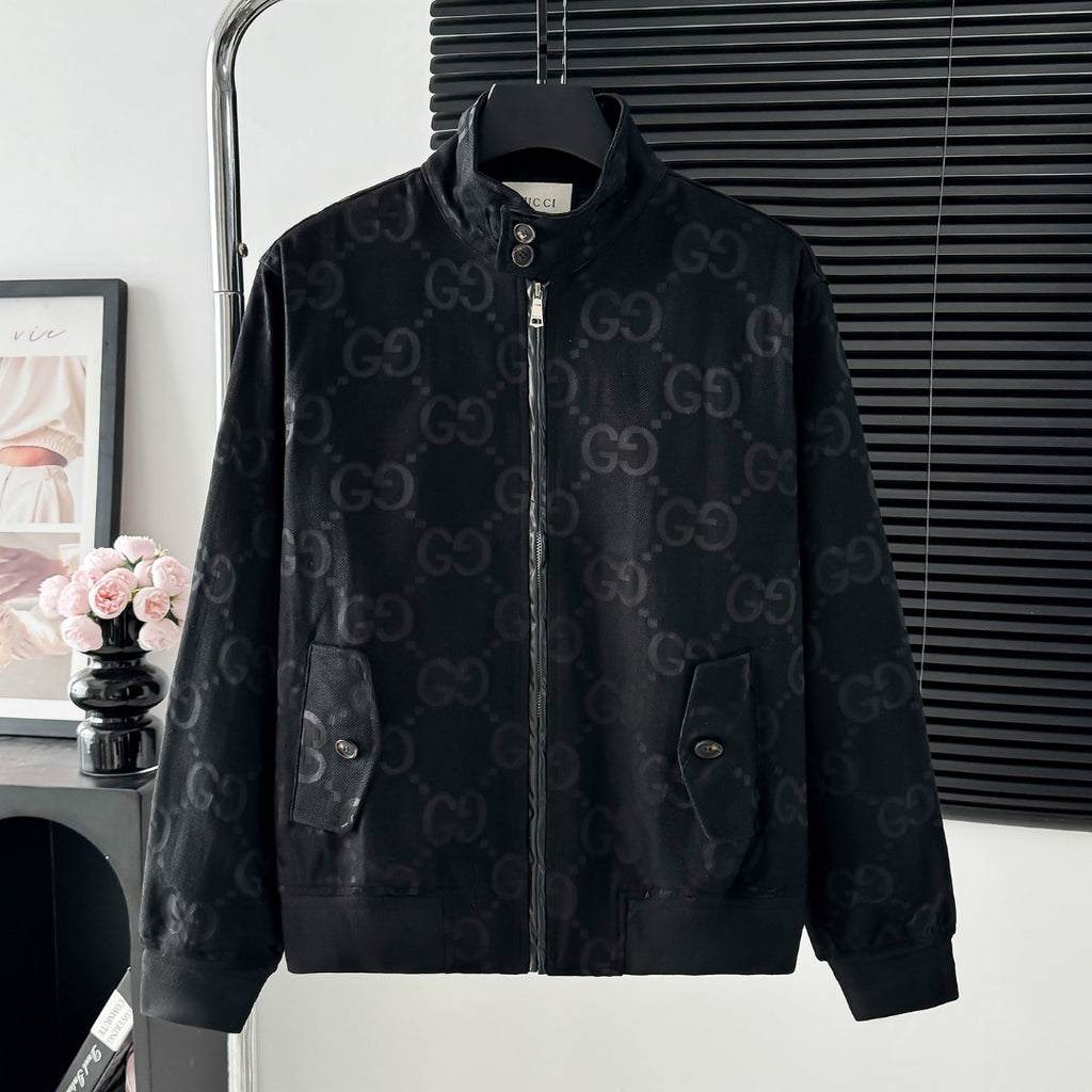 Full Monogram Stand Collar Zip Jacket Retro Pattern Bomber Coat N050501