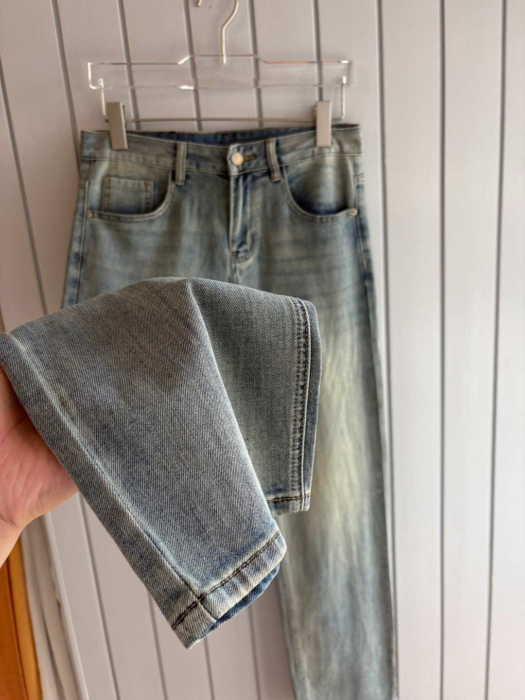 Light Faded Grey-Blue Metal V Emblem Slim Jeans C261041